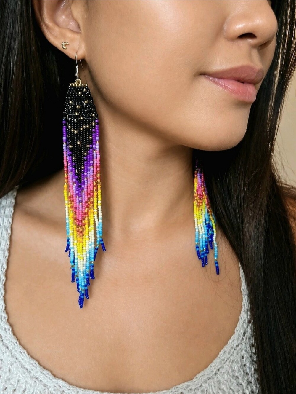 Handmade Rainbow Ombre Southwestern Boho Fringe Beaded Earrings - Black Multi